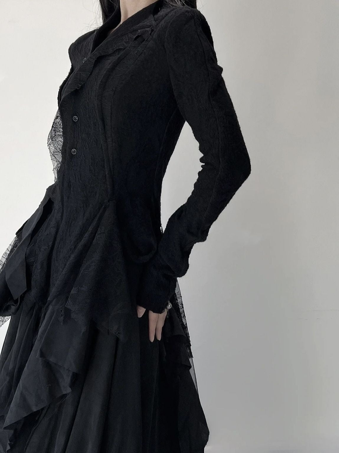 Solid Spliced Lace Blouses For Women Round Neck Long Sleeve Tunic Irregular Hem Skimming Shirt - KAISERINC