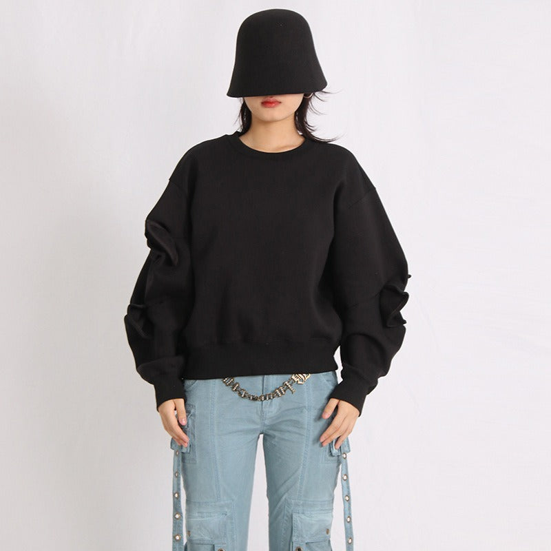 Patchwork Bow Sweatshirts For Women Round Neck Long Sleeve Loose Casual Pullover Solid Sweatshirt Female Fashion - KAISERINC