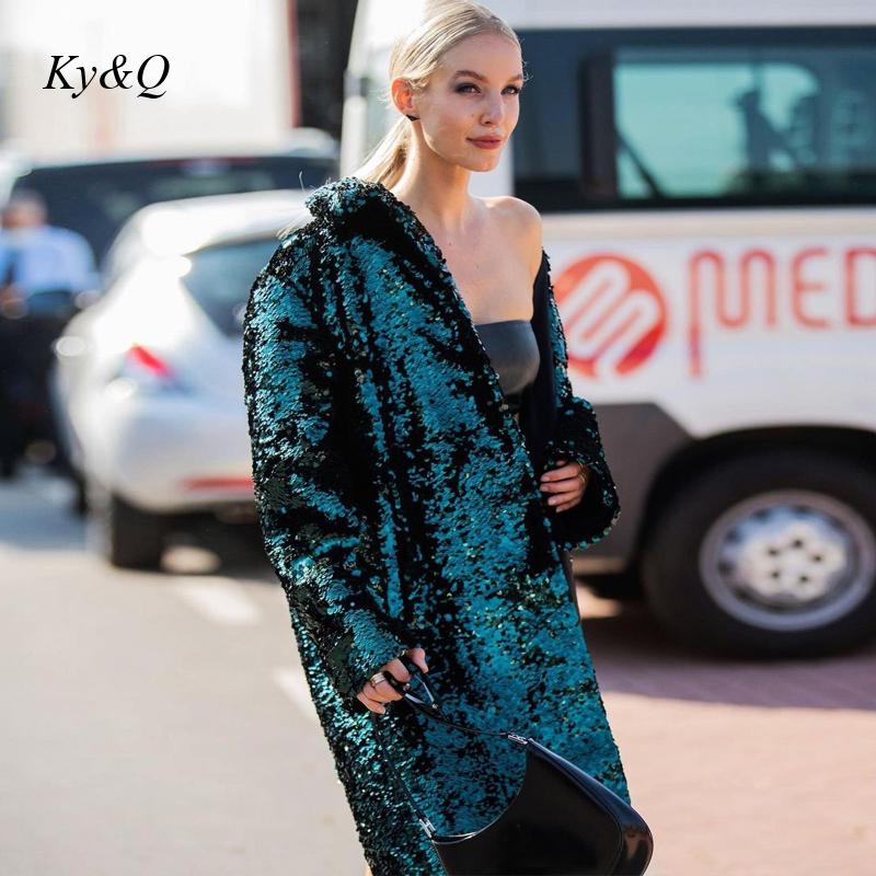 Spring New Green Sequins Mid-Length Back Slit Fashion Design Windbreaker Women's Coat High-end Coat - KAISERINC