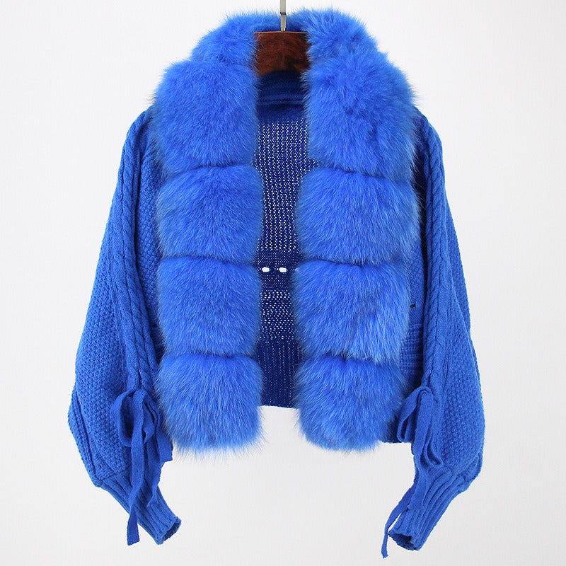 New Fashion Short Warm Loose Knitted Jacket with Natural Fur Placket Coat - KAISERINC