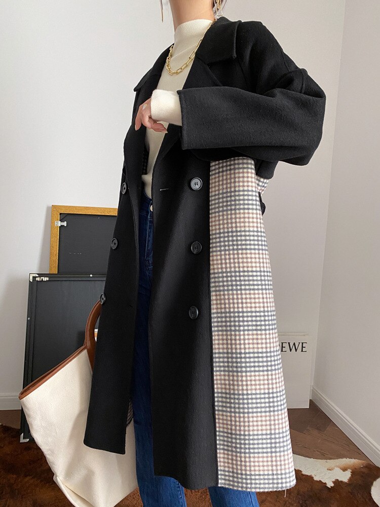 Color Blocking Design Reversible Woolen Coat Women's Autumn And Winter New Temperament Double Breasted Coat - KAISERINC