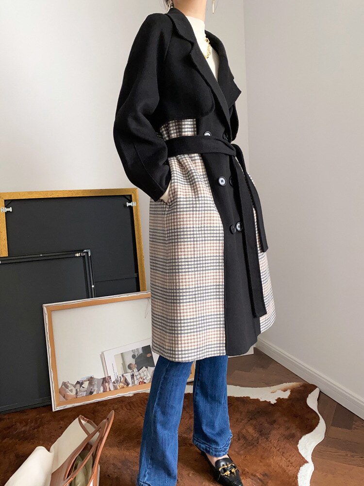 Color Blocking Design Reversible Woolen Coat Women's Autumn And Winter New Temperament Double Breasted Coat - KAISERINC