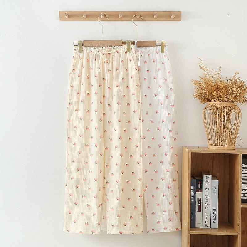 Women's Pajama Pants Summer Thin Trousers Casual Loose Home Sleep Bottoms Cotton Gauze Lounge Wear Elastic Waist Sleepwear - KAISERINC