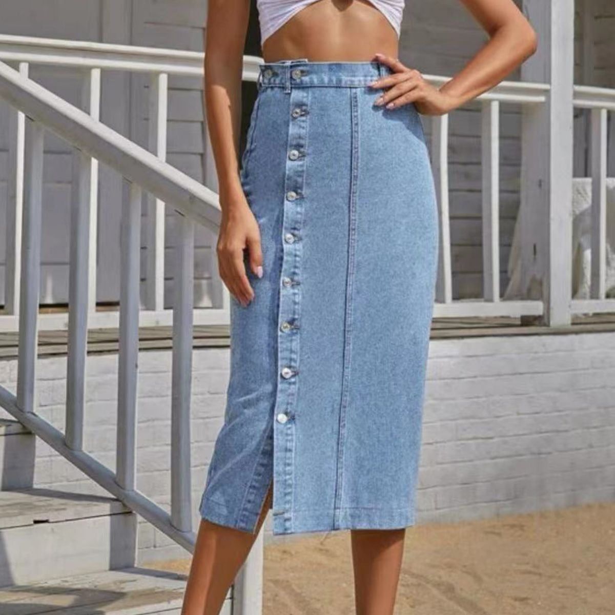 Summer New Women's Button Pack Hips Denim Skirt Fashion Slim Mid Length Jeans Skirt - KAISERINC