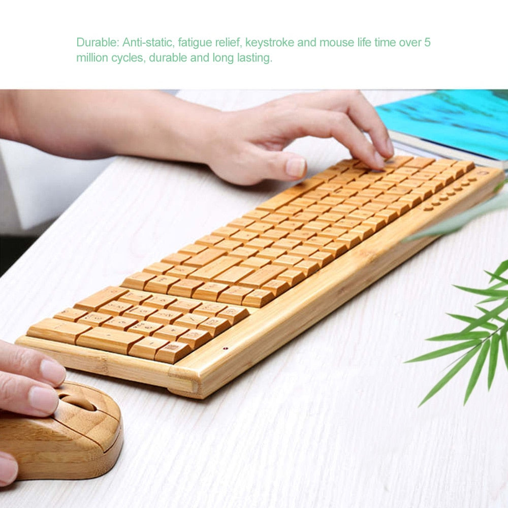2.4G Wireless Bamboo PC Keyboard and Mouse Combo Combos Computer Keyboard Mice Office Handcrafted Natural Wooden Plug and Play - KAISERINC