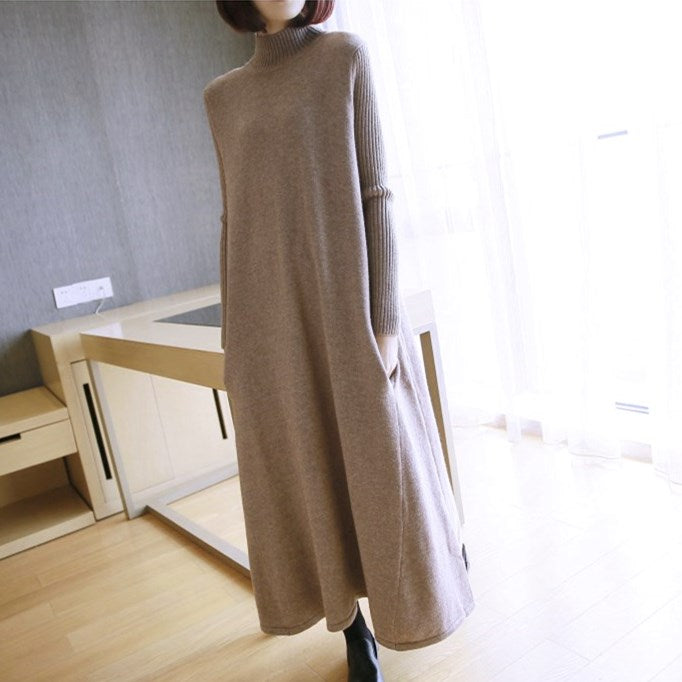 Autumn And Winter New Semi High Collar Cashmere Dress Long Sleeve Loose Oversize Wool Skirt Long Knee Length Knitted Wool Dress - KAISERINC