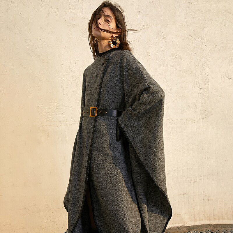 Loose Patchwork Wool Jacket For Women O Neck Batwing Sleeve Casual Solid Cloak Coat Female Fashion New - KAISERINC