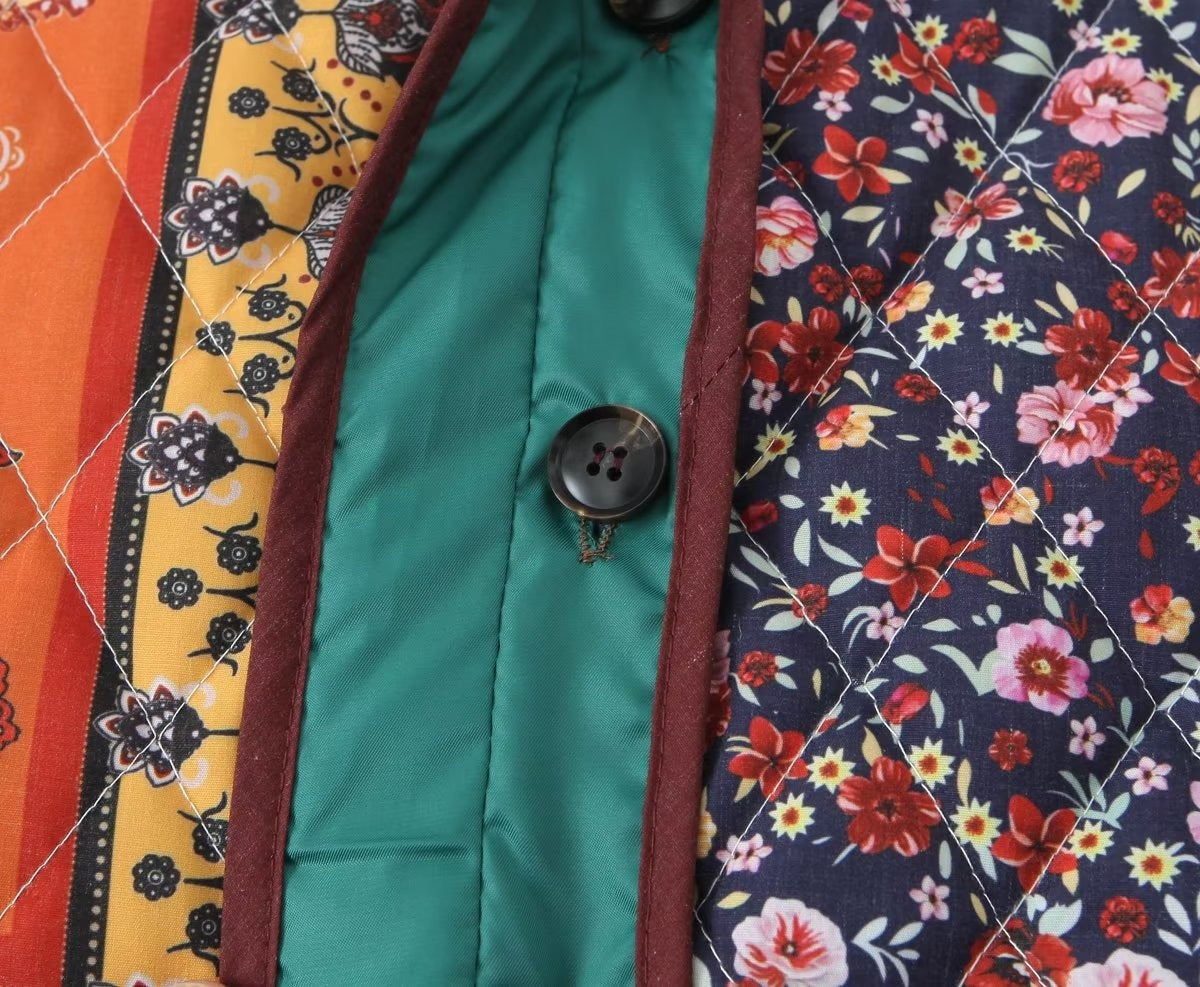 Vintage Printed Women Cotton Padded Jacket Traf   Winter Warm Long Sleeve Pockets Loose Coat Female Parkas Top - KAISERINC