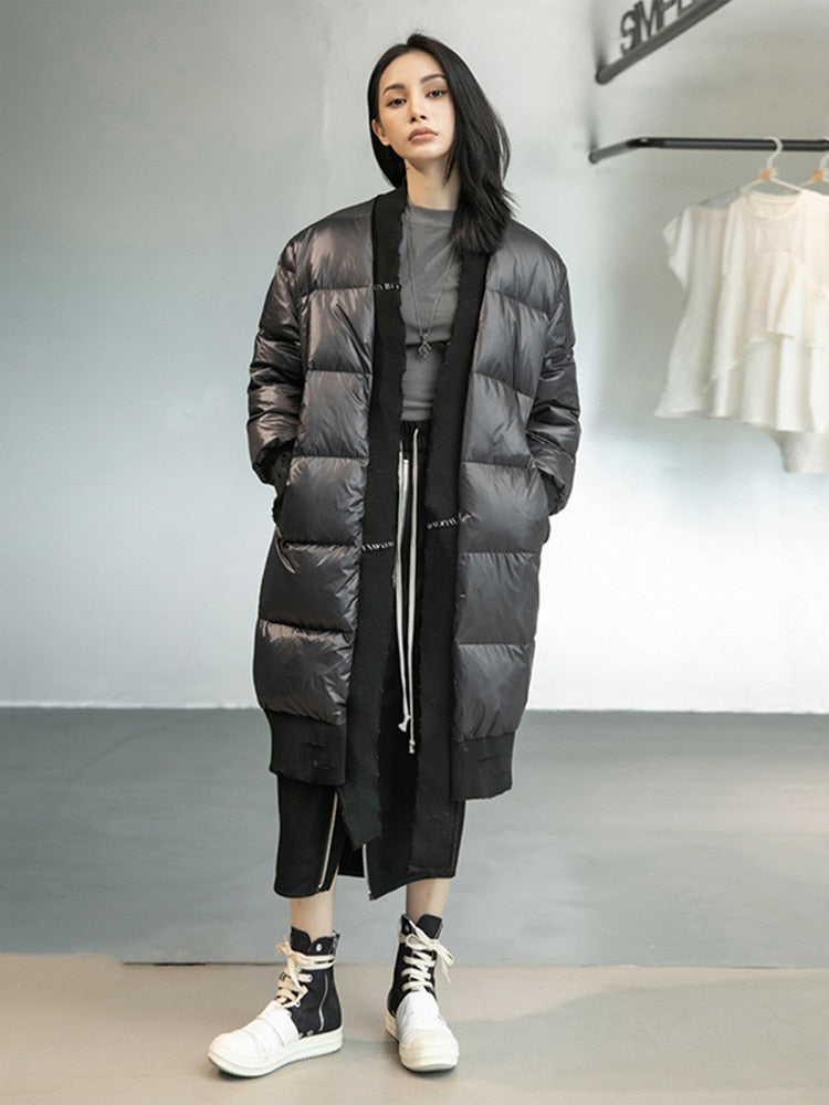 Loose Fit Black Spliced Down Jacket New V-neck Long Sleeve Warm Women Parkas Fashion for Autumn Winter - KAISERINC