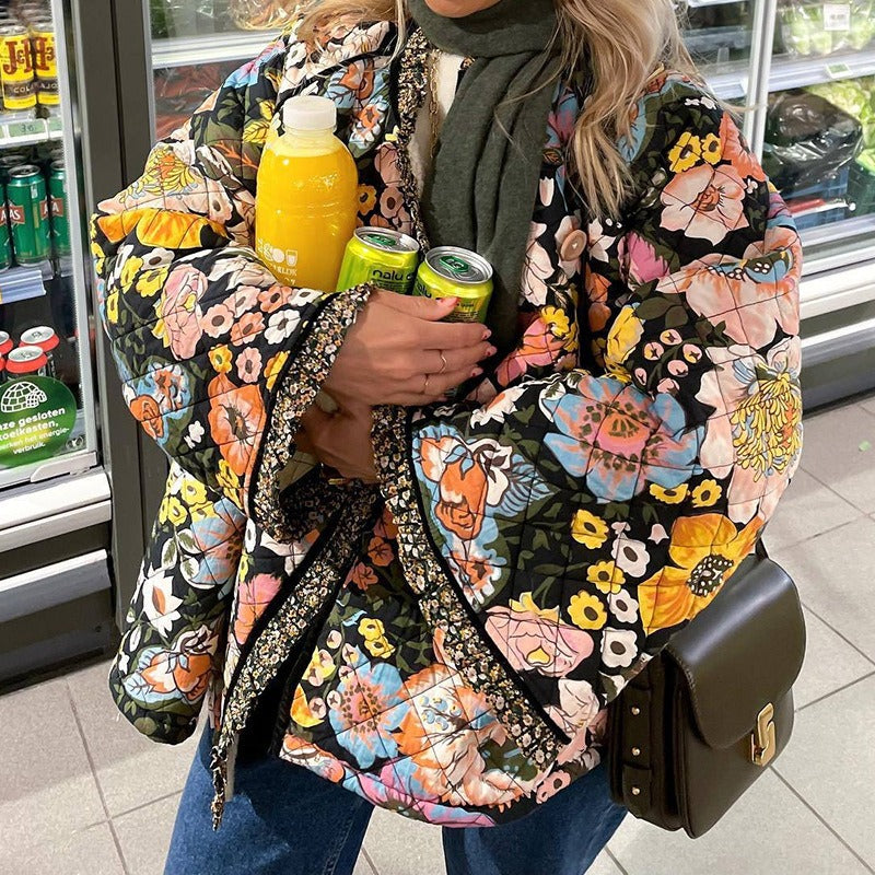 New autumn and winter printed imitation cashmere cotton jacket, comfortable and casual, flared sleeves, loose fitting women's co - KAISERINC