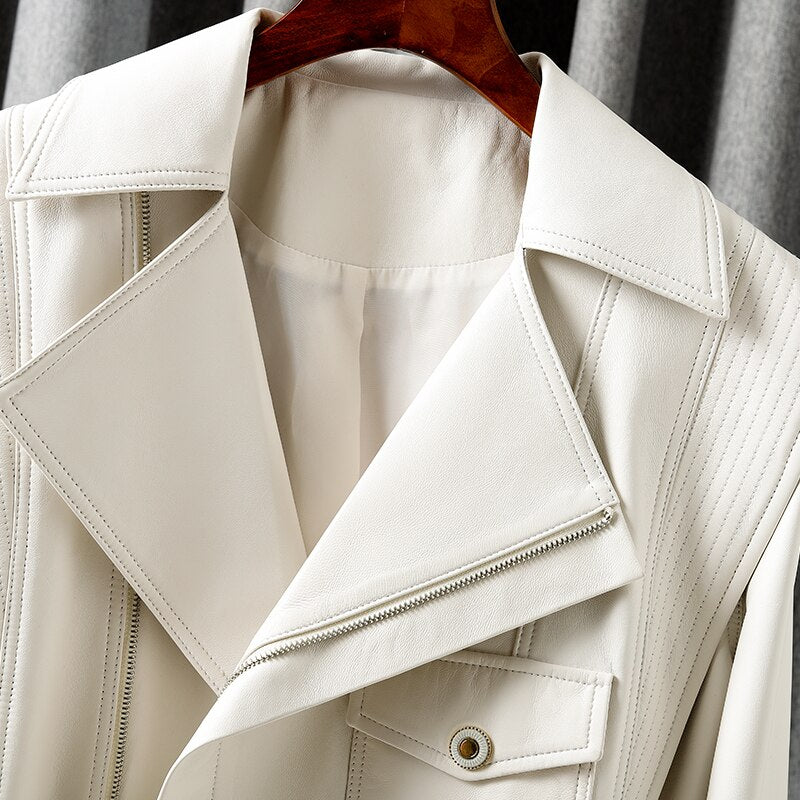 Jacket For Women New European Genuine Leather Coat Female Zipper Large Lapel Short Oversize Locotive Whtie - KAISERINC