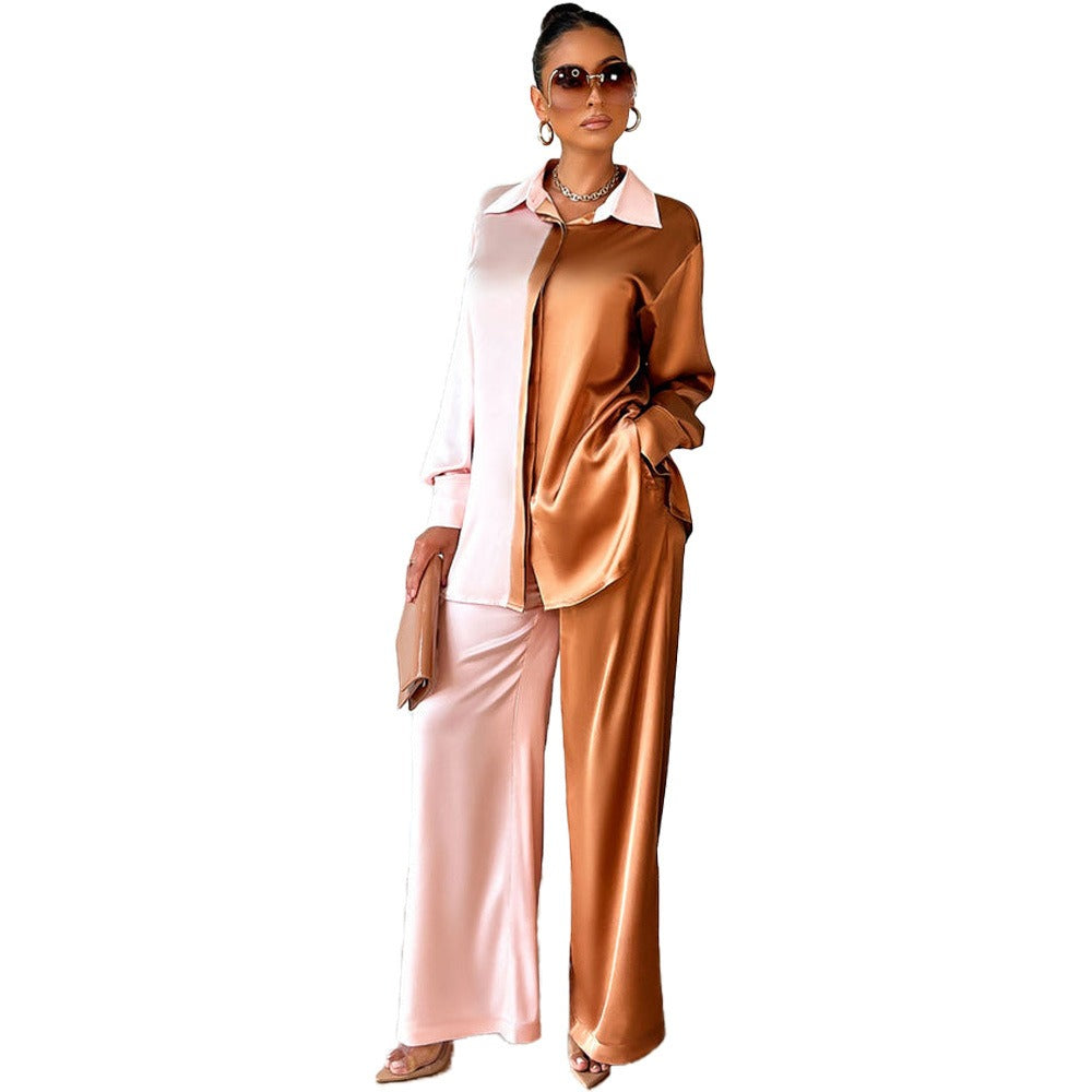 Elegant Satin Women's Matching 2 Piece Sets Casual Long Sleeve Panelled Shirt Pants Suit - KAISERINC