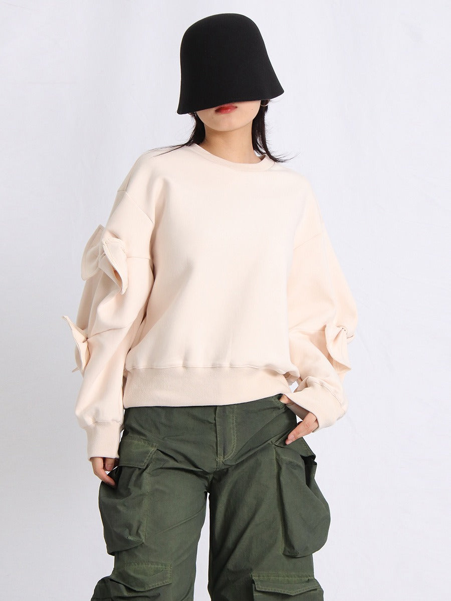 Patchwork Bow Sweatshirts For Women Round Neck Long Sleeve Loose Casual Pullover Solid Sweatshirt Female Fashion - KAISERINC