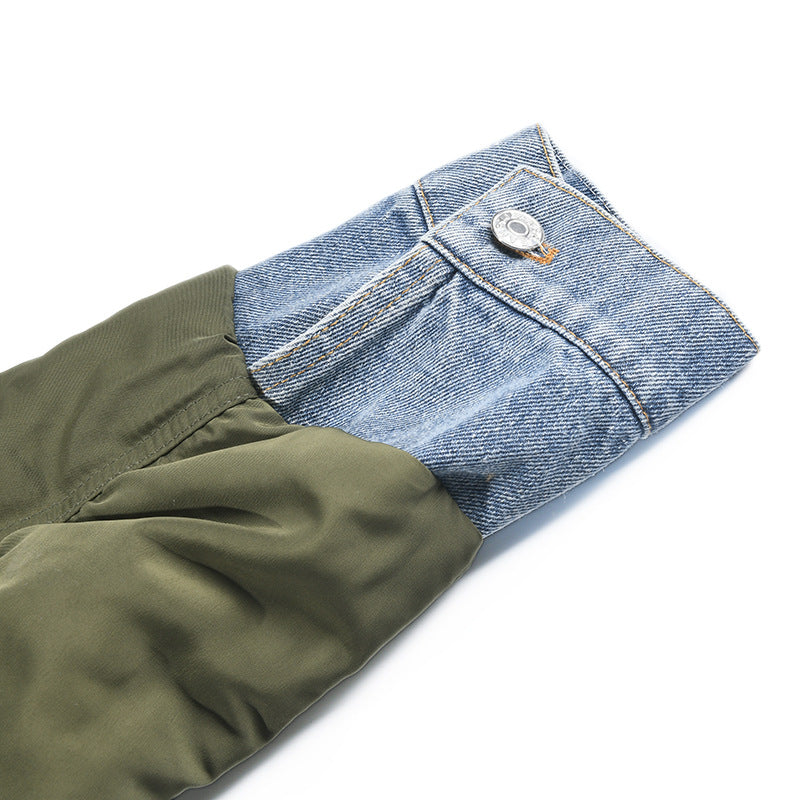Winter New Irregular Contrast Color Washed Denim Stitching Stand-Collar Jacket Coat Cotton Padded Clothes - KAISERINC