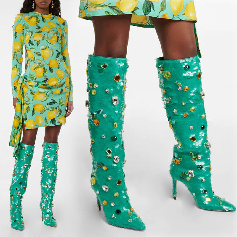 T Stage Show Pointed Toe Stiletto High-Heeled Gemstone Sequins But The Knee Women's Boots a Large Size Dancing Boots 12cm High