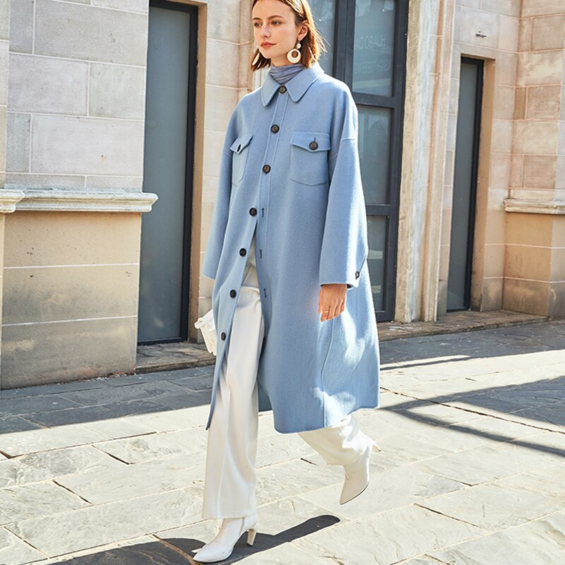 AEL winter  wool double woolen coat women Gray-blue Retro wide sleeves overcoat fashion loose lady long outcoat - KAISERINC