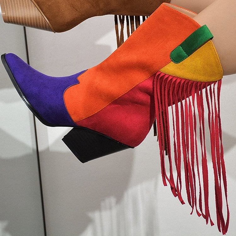 Female Faux Suede Fringed Cowboy Boots Autumn Winter Women Pointy Toe Chunky Heel Ankle Boots Slip on Retro Boots - KAISERINC