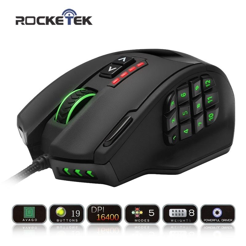 Rocketek USB Gaming Mouse 16400DPI 19 buttons ergonomic design for desktop computer accessories programmable  gamer lol PC - KAISERINC
