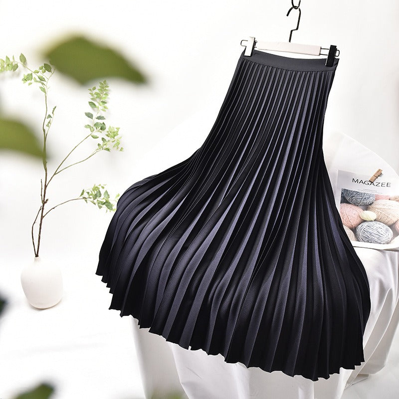 Women A-Line Spring Pleated Skirt Elegant High Waist Long Skirt - KAISERINC
