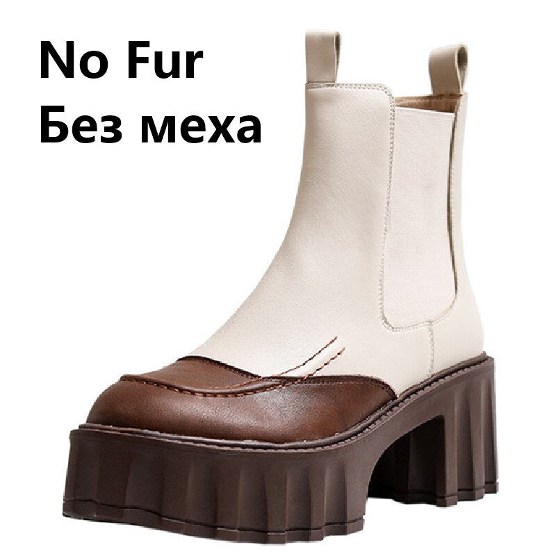 Women Thick Heels Ankle Boots Fashion Mixed Colors Genuine Leather Platforms Shoes Autumn Winter Working Casual - KAISERINC