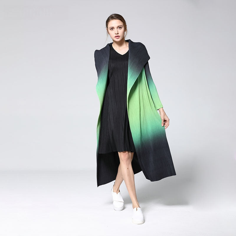 New Fashion Pattern Pleated Leisure Long Sleeve Cardigan Large Lapel Gradient Color Slim Women's Trench Coat - KAISERINC
