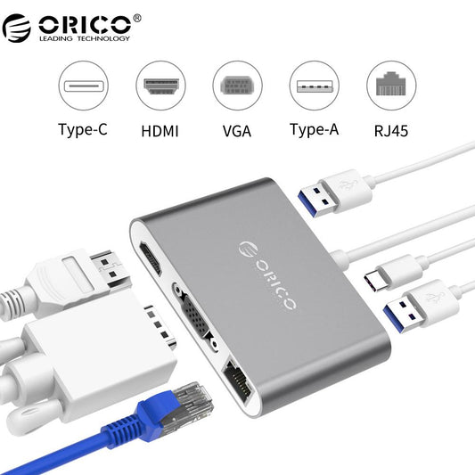 ORICO Aluminum Type-C to VGA/HDMI/RJ45/Type-C/Type-A Converter USB3.1 Gen1 with 2 USB3.0 Ports for Mac(RCNB) - KAISERINC