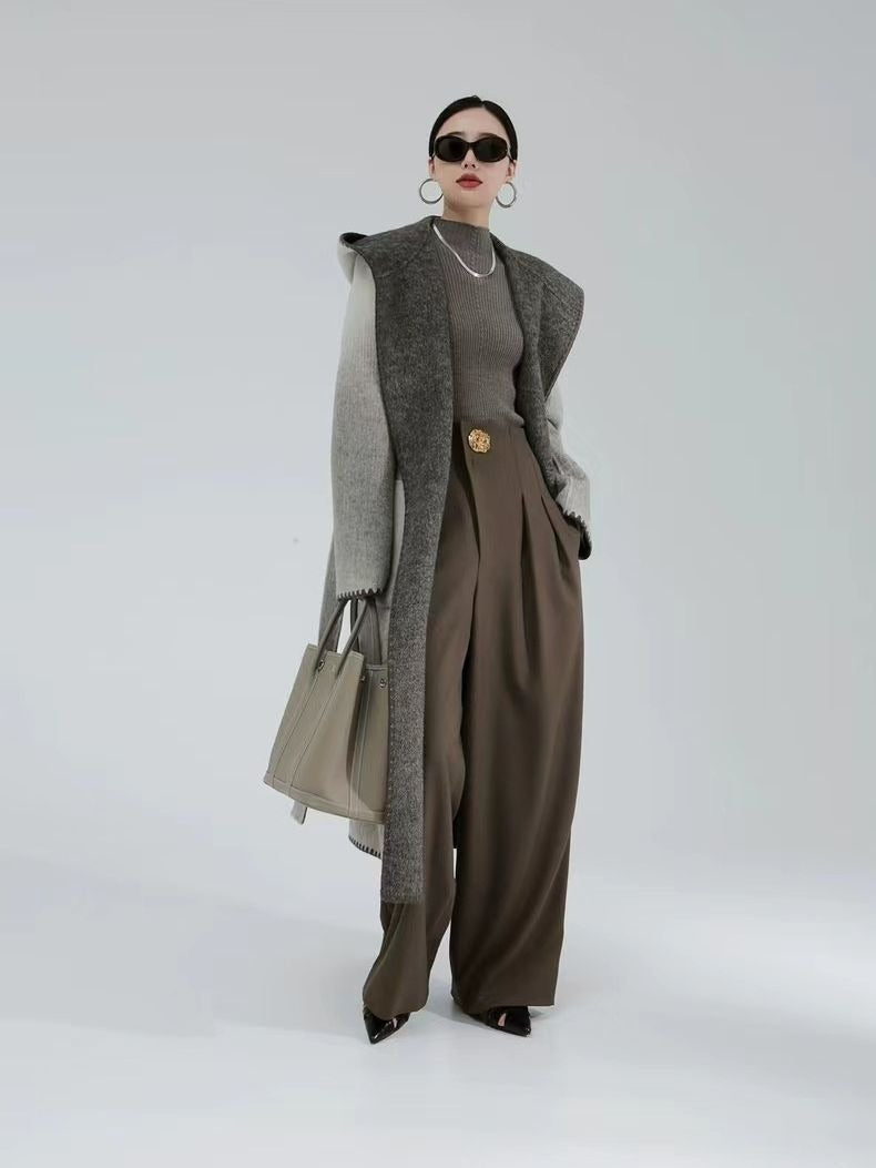 Fashion Women's Woolen Coat Hooded Buttonless Lace-up Straight Two-sided Gradient Mid-calf Overcoat - KAISERINC