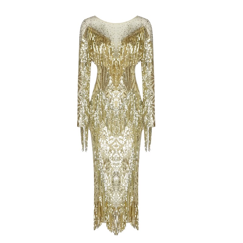 Stylish High Waist Gold Sequins Tassels Midi Dress O Neck Long Sleeves Celebrity Party Club - KAISERINC