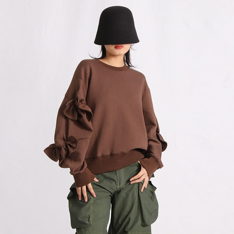 Patchwork Bow Sweatshirts For Women Round Neck Long Sleeve Loose Casual Pullover Solid Sweatshirt Female Fashion - KAISERINC
