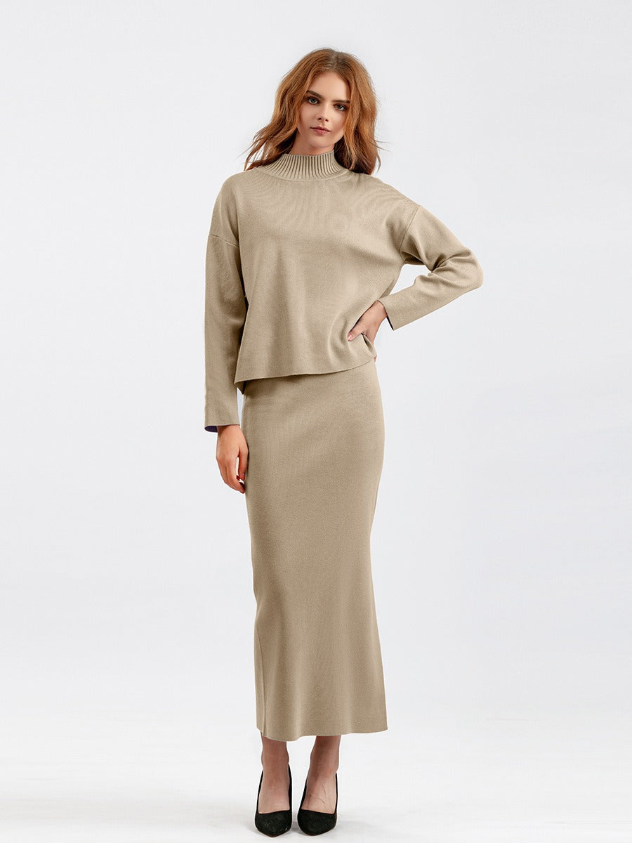 2 Pieces Knit Sets Women Maxi Skirt Tracksuits Winter Warm Turtleneck Sweater + Long Midi Straight Skirt Two Pieces Sets - KAISERINC