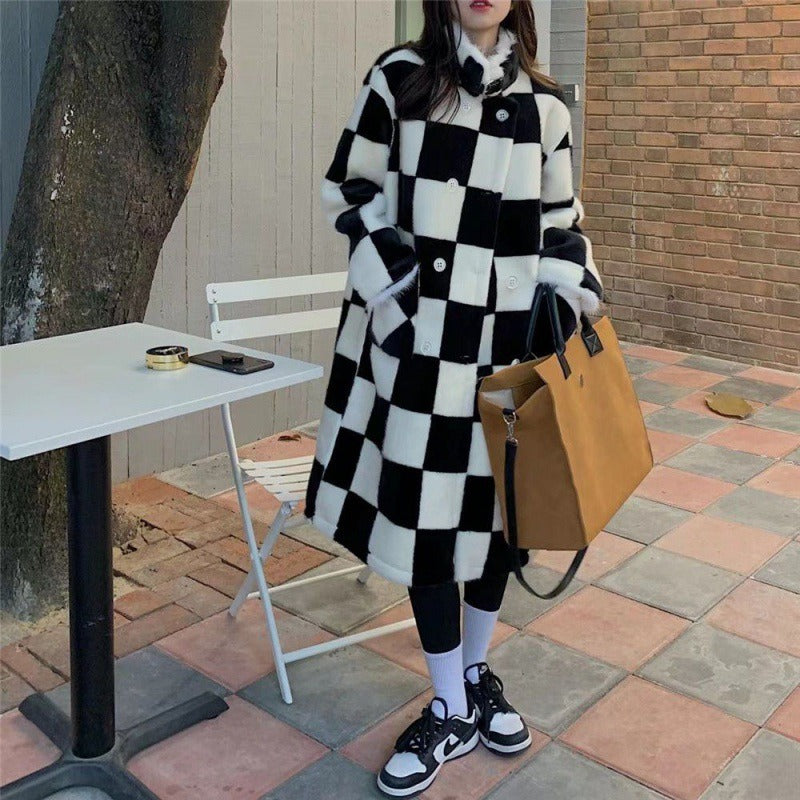 Jackets Women Long Style Plaid Harajuku All-match Double Breasted Design Daily Elegant Feminino Outwear Ins Stand Collar Simple - KAISERINC