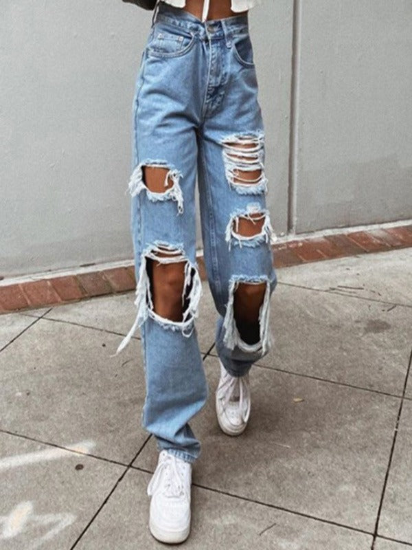 Sexy Summer Ripped Jeans Woman High Waist Holes Destroyed Broken Wide Pants Vintage Female Denim Trousers Distressed Designer - KAISERINC