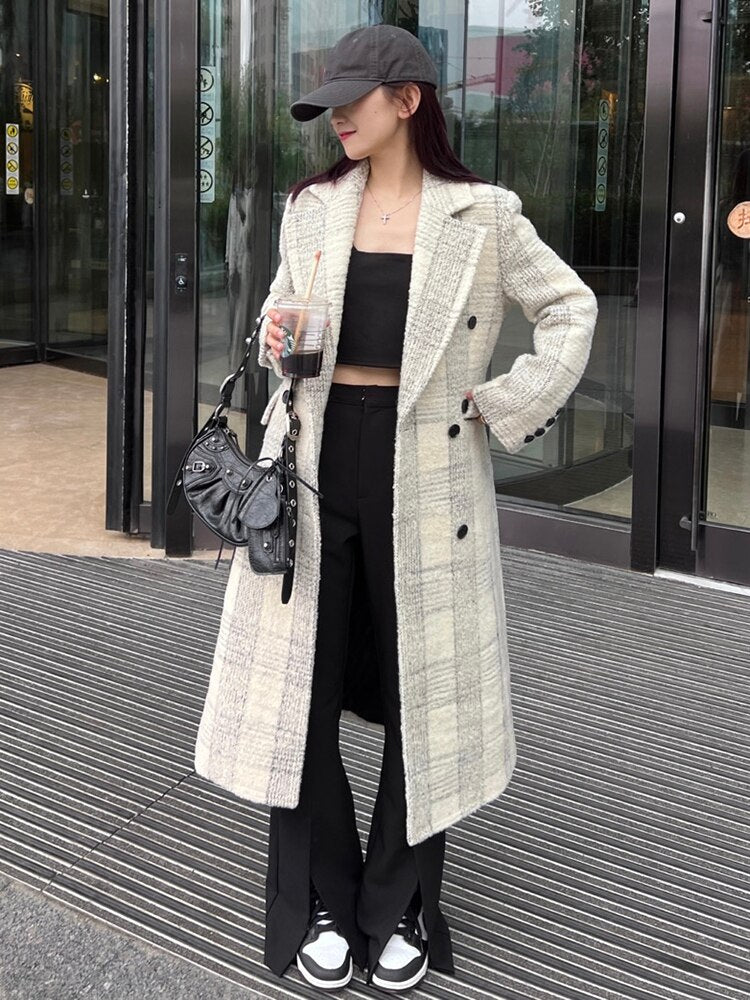Loose Fit White Plaid Elegant Long Woolen Coat Parkas New Long Sleeve Women Fashion Trend Autumn Winter - KAISERINC