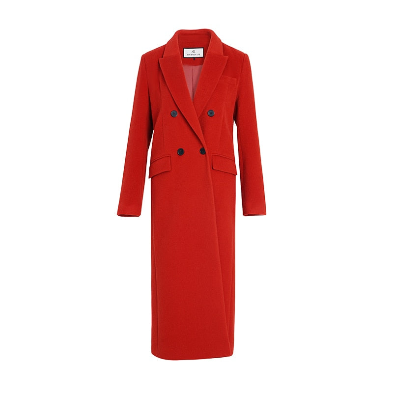 Red Double Breasted Vintage Loose Long Suit Woolen Coat - KAISERINC