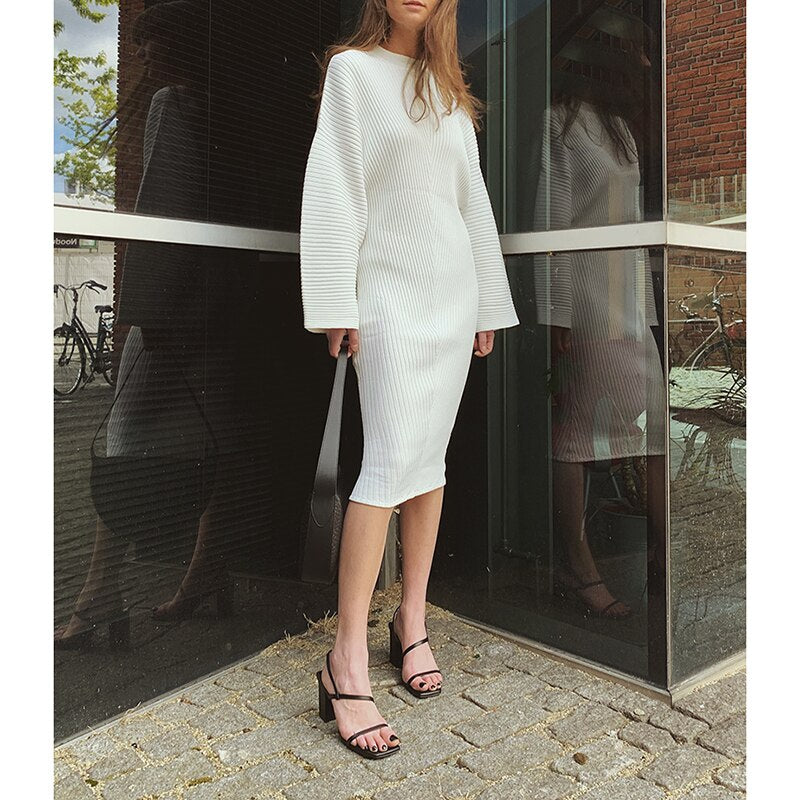 Europe and America Street Shooting Concave convex Stripe Knitted Dress Long Sleeve Loose Fashion Dress - KAISERINC