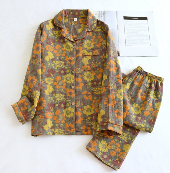 spring and summer women's pajamas suit long-sleeved trousers two-piece 100% cotton crepe flower leaves home clothes - KAISERINC