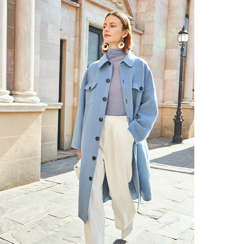 AEL winter  wool double woolen coat women Gray-blue Retro wide sleeves overcoat fashion loose lady long outcoat - KAISERINC