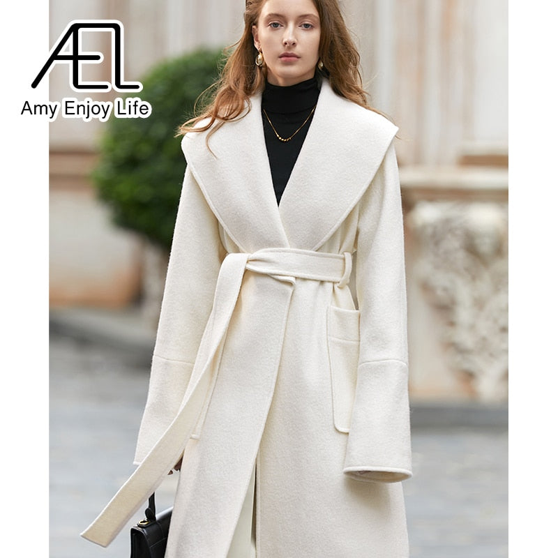 Retro Large Lapel White Tweed Jacket Female Winter New Waist Lacing Tweed Coat - KAISERINC