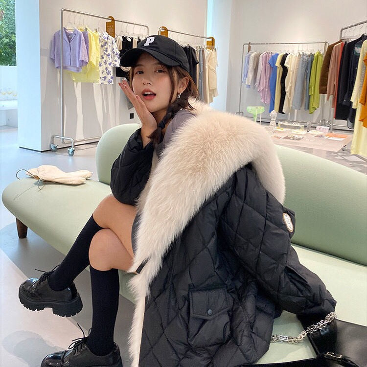 Down Cotton Fur Coat Large Fur Collar Detachable Thickened Women's Winter Jacket - KAISERINC
