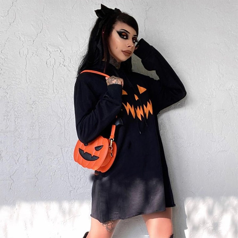 Halloween printed hooded sweatshirt casual dress - KAISERINC