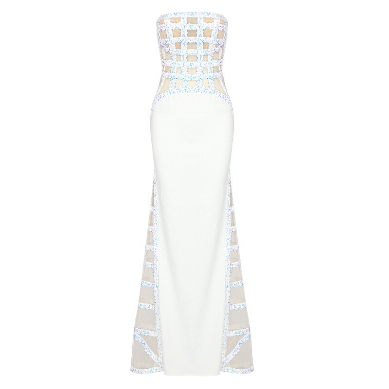 Mesh Tube Top Off Shoulder Sexy White Sequin Dress Design Slim Fit Mopping Evening Dress - KAISERINC