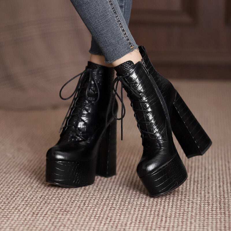 Elegant Mature Women Ankle Boots Cross-Tied Platforms Genuine Leather High Heels Party Office Autumn Winter Shoes - KAISERINC
