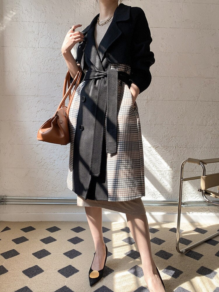 Color Blocking Design Reversible Woolen Coat Women's Autumn And Winter New Temperament Double Breasted Coat - KAISERINC