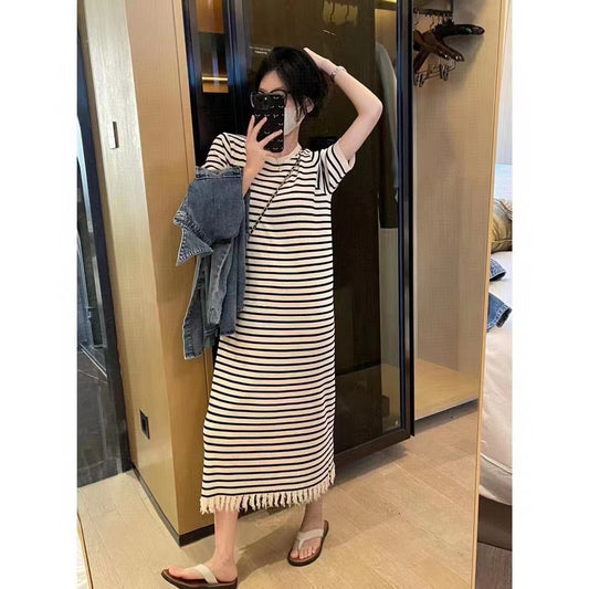 Black Knit Striped Dress Short Sleeve Women Dress maxi dress summer women staight dress - KAISERINC