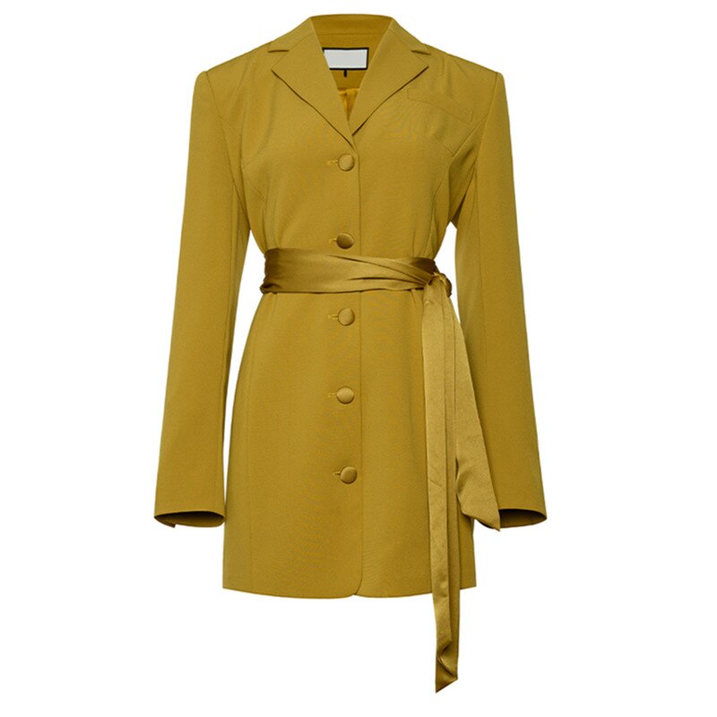 Women Yellow Belted Big Size Elegant Blazer Dress New Lapel Long Sleeve Loose Fit Fashion Spring Autumn - KAISERINC