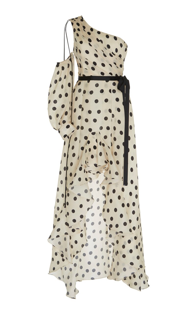 Vacation Style Single Shoulder Sleeve Slash Neck Polka Dot Goddess Chiffon Irregular Dresses Long Dress - KAISERINC