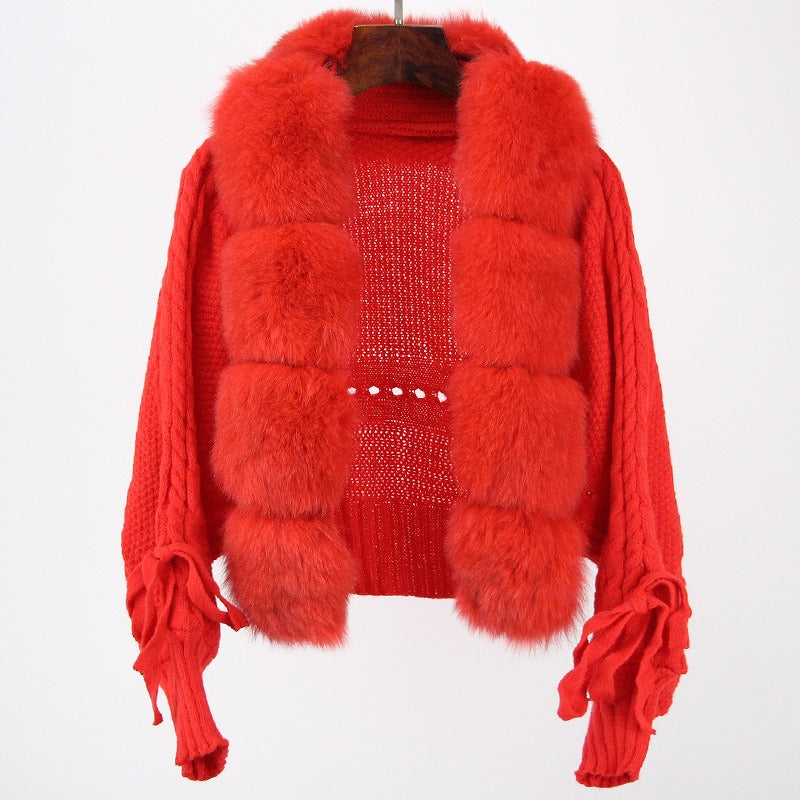 New Fashion Short Warm Loose Knitted Jacket with Natural Fur Placket Coat - KAISERINC