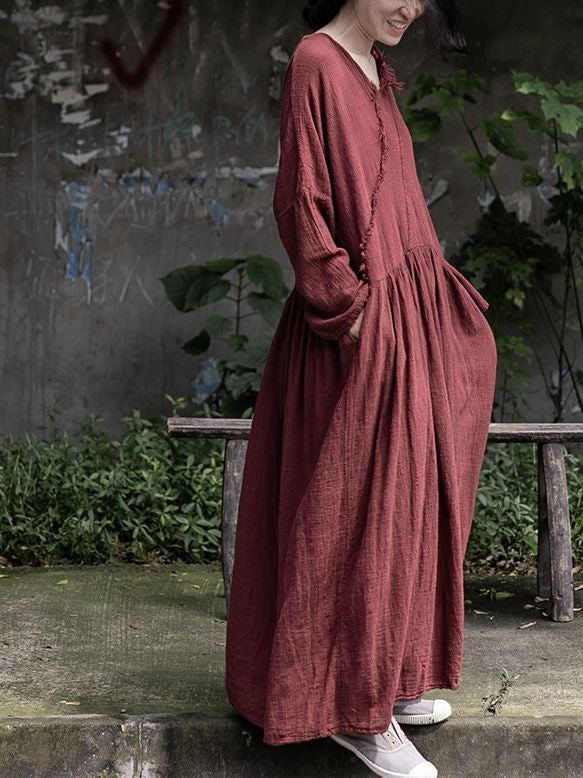 Travel literary soft loose slimming robe cotton and linen draped raw edge dress - KAISERINC