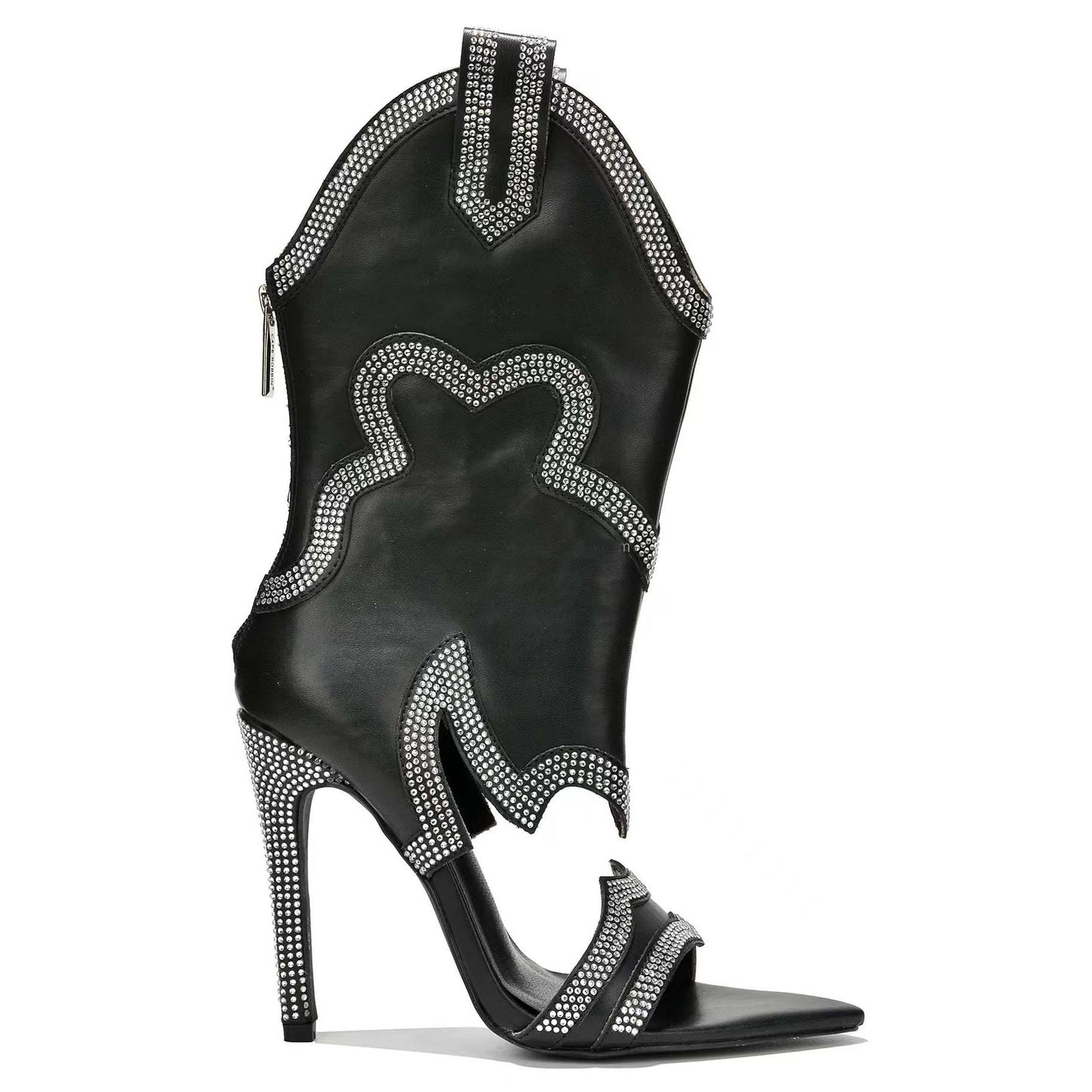 Women Rhinestone Western Booties Patchwork Open Toe Stiletto Sandals Boots Ladies Back Zipper Mid-calf Boot Bling Party Shoes - KAISERINC