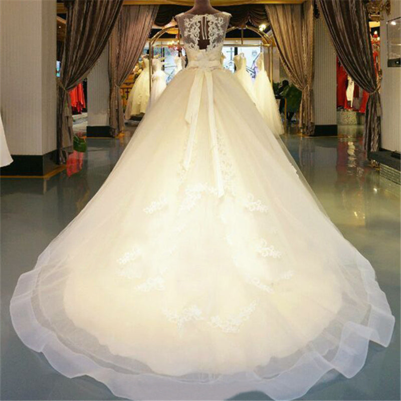 Lace Floor-Length Ball Gown Wedding dress Chapel Train Lace up Beading Bridal Gown - KAISERINC